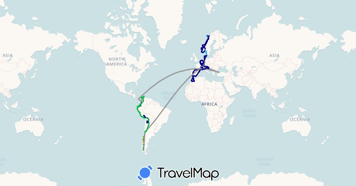 TravelMap itinerary: driving, bus, plane, cycling, hiking, boat, hitchhiking, motorbike in Argentina, Bolivia, Switzerland, Chile, Colombia, Germany, Denmark, Ecuador, Spain, France, Croatia, Italy, Morocco, Norway, Panama, Peru, Sweden, Slovenia, Turkey (Africa, Asia, Europe, North America, South America)